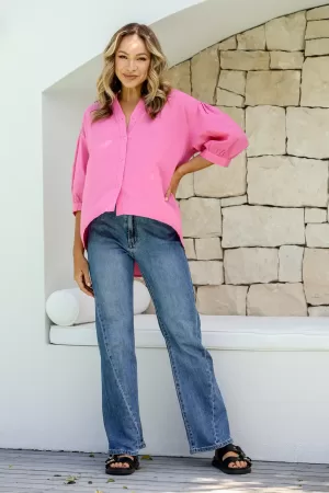 Top Linen Blend Color Pink